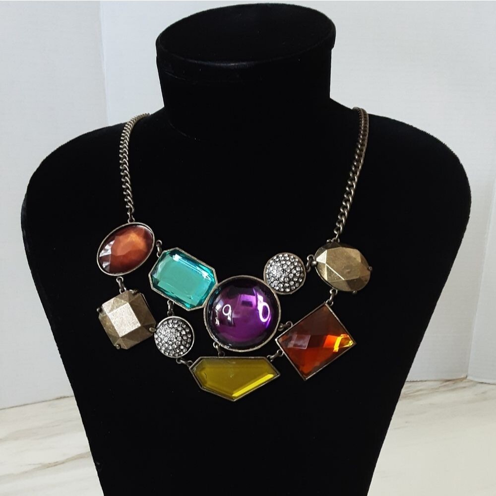 KJL Jeweltone Multicolor Lucite Cabochons|Rhinestones Statement Necklace NIB
